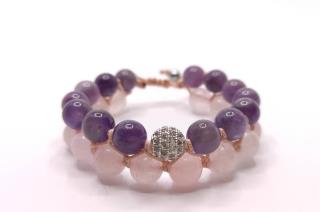 دستبند دوبافت سنگ آمیتیست وکوارتز صورتی