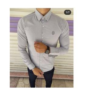 پیراهن آستین بلند راه راه طوسی جدید نخ و کش پارچه بنگال پنبه