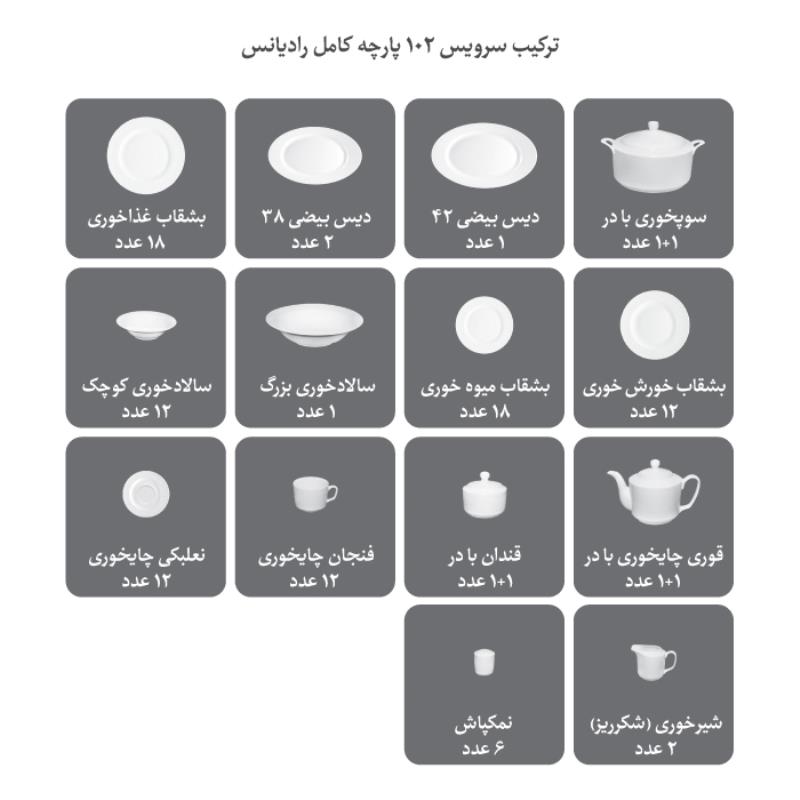 سرویس چینی زرین طرح زرین102 پارچه سفید لب طلا(عالی)