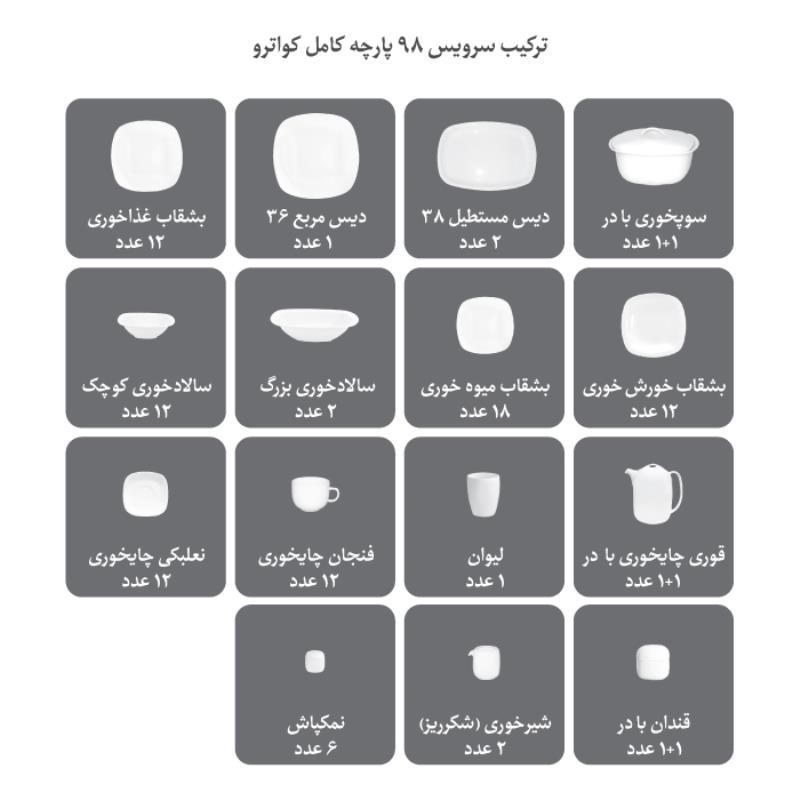 سرویس چینی زرین طرح سمن کواترو 98 پارچه سفید لب طلا(عالی)