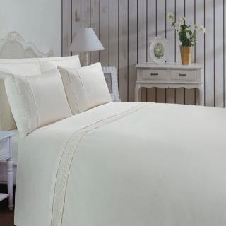 ست لحاف کاور دونفره 7 تکه دانتل دوزی کرم ساتن