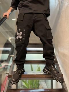 شلوار جین ترک مشکی گلدوزی بنددار کد 1074