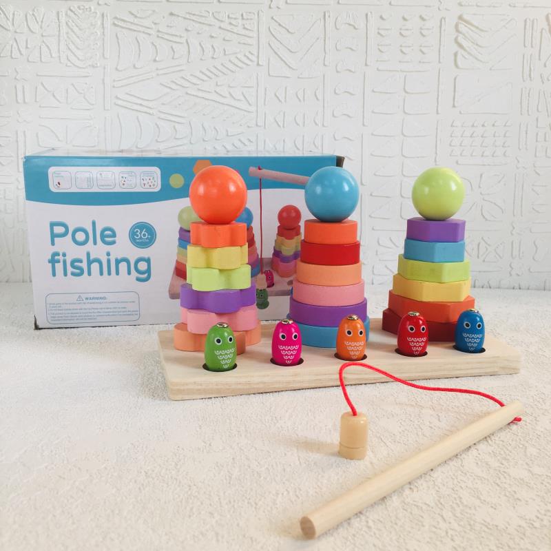 بازی اموزشی برج هوش چوبی سه ستون و ماهیگیری آهنربایی