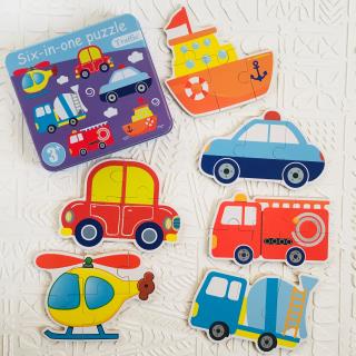 پازل چوبی 6 در 1 با جعبه فلزی طرح وسایل نقلیه