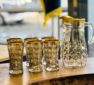 سرویس پارچ و لیوان 7 پارچه شامپاینى لب طلا