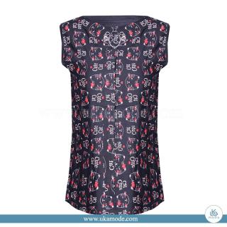 تاپ زنانه نخی پشت ساده جلو  دور یقه زنجیر چاپ گربه