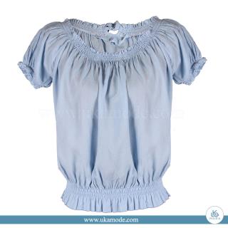 بلوز زنانه نخی یقه و دمپا و سرآستین کش دوزی پشت یقه بندی