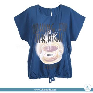 تی شرت زنانه نخی پشت تک دکمه دمپا گت دار چاپ فنجان