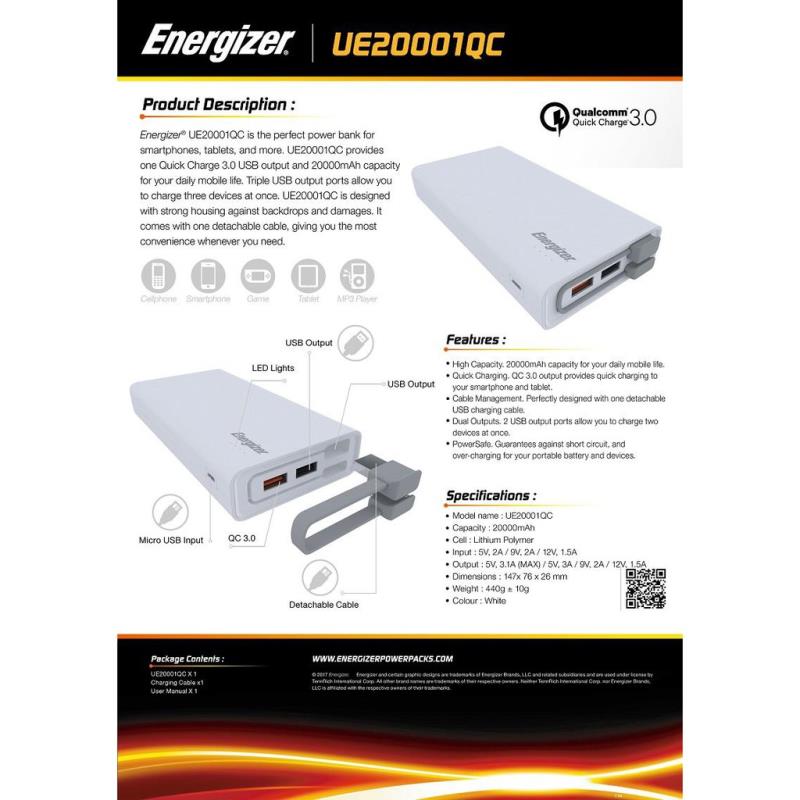 پاور بانک Energizer UE20001QC 20000mAh Power Bank